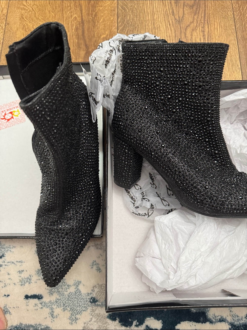 EUC Black Rhinestone Block Heel Ankle Boots